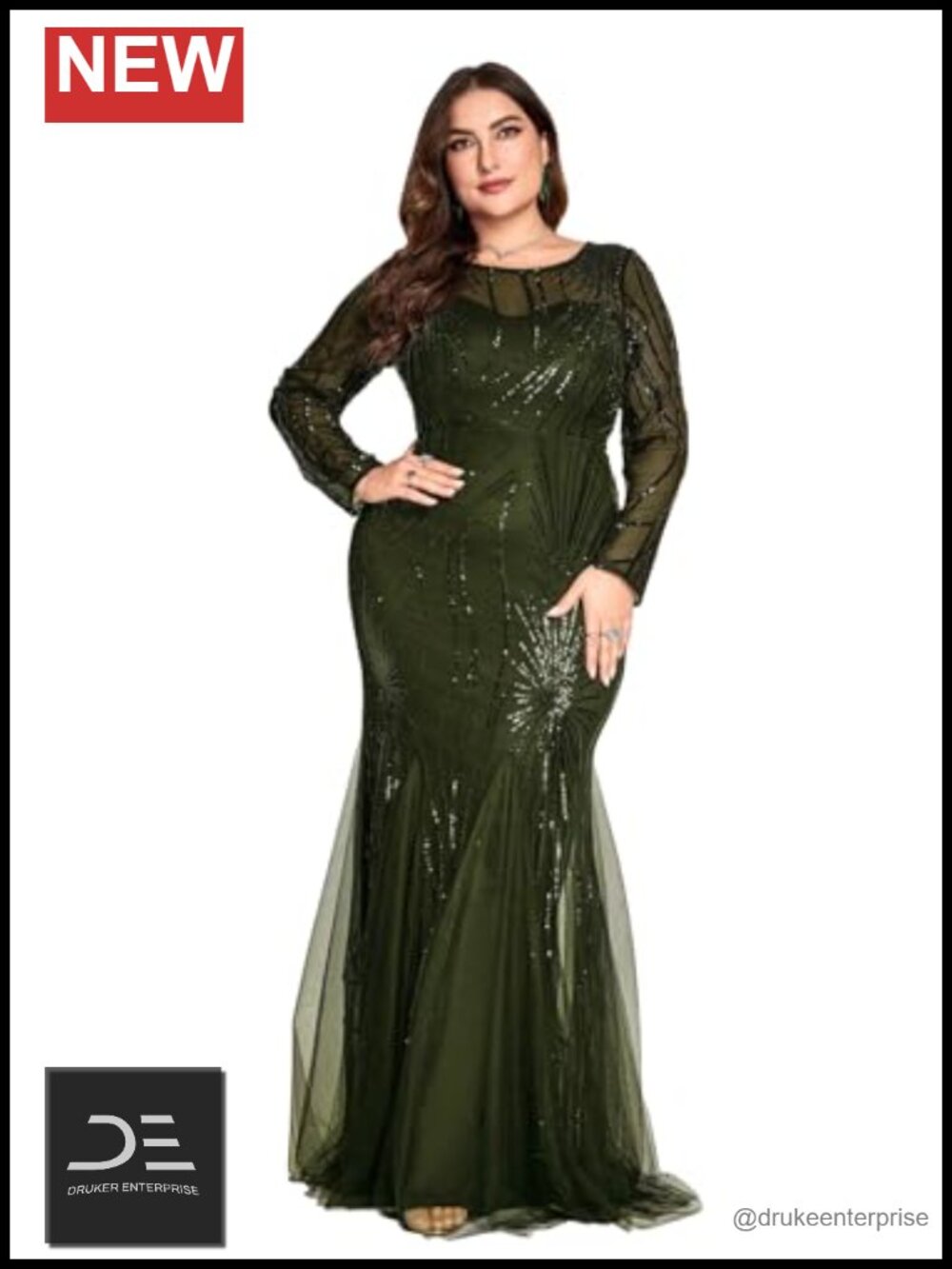 Plus Size Sequin Mermaid Evening Gown Long Sleeve Formal Dress